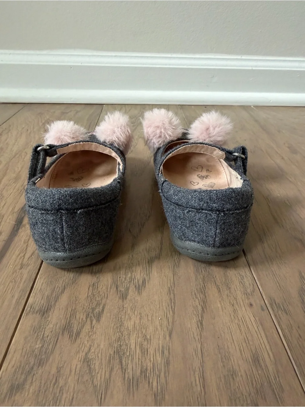 Girls Dark Gray Mary Jane Shoes with Pink Pom-Pom Accents